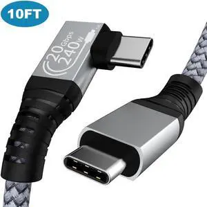 240W USB C to USB C Cable 10ft, USB C 3.2 Gen 2 Cable 20Gbps Data, 90 Degree Right Angle Thunderbolt 3 USB C to C Cable, 4K@60Hz Video Cord to Compatible with USB-C MacBook, i-Pad Pro, Monitor etc.