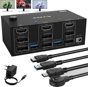 USB 3.0 HDMI + 2 DisplayPort KVM Switch 3 Monitors 2 Computers, 8K@60Hz KVM Switch 4K@144Hz, KVM Switch Displayport 1.4 + HDMI 2.1 for 2 PC Share Mouse, Keyboard and 3 Monitors, with Wired Remote