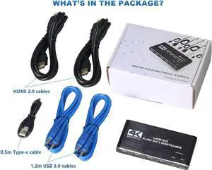 2 Port KVM Switch HDMI Box, 2 in 1 Out USB HDMI Switch 4K @60Hz with HDMI 2.0 cables and USB 3.0 cables , Supports two PCs Shared with One set Monitor Keyboard and Mouse