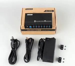 USB 3.0 Splitter, Aluminum 7 Ports Super Speed USB3.0 Data hub, Aluminum USB 3.0 Hub with 12V 3A 36Watt Powered, Mounting Bracket, LEDs, Balck