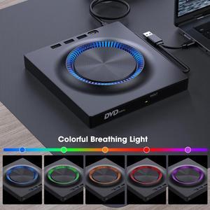 AUTYUE External CD DVD Drive with 3* USB A & 1* USB-C Ports Hub and SD Card Slot, Portable CD/DVD-ROM +/-RW Disk Drive Player Burner Reader Writer for Laptop Mac PC Windows 11/10/8/7 Linux Computer