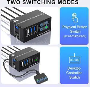 AUTYUE 8K@60Hz Displayport + HDMI 2 Monitors 4 Computers USB 3.0 KVM Switch, 5Gbps DP1.4 + HDMI 2.1 Dual Monitor KVM Switch 4 Port with 4 USB Ports, 4 Port HDMI+DP Monitor Switch for 4 PCs 2 Monitors