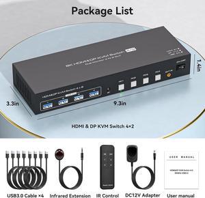 AUTYUE [Dual Monitor] Displayport HDMI KVM Switch 4 Computers 2 Monitors 8K@60Hz HDMI 2.1 + Displayport 1.4 USB 3.0 KVM Switch for 4 PC Sharing 2 Monitor and 4 USB 3.0 Devices with IR Remote Control