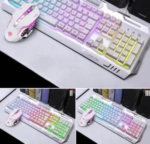 CO-RN K006 Mechanical Feeling Design, Cool Exterior Waterproof Wired Rainbow Breathing LED Lights Keyboard And Mouse Combo For Office And Game, 1600DPI, 19 Antighosting - White( Add Phone Bracket)