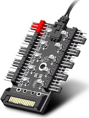 PWMHUB10S 10 Ports 4-Pin PWM Fan Hub, SATA 15pin to 10 Fan Power Splitter Adapter Cable w/ Self-sticker for 3Pin / 4Pin fan