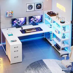 L Shaped Gaming Desk, Reversible U Shaped Computer Desk with Power Outlet and Storage Shelves, Gaming Desk with LED Strip, 3 Fabric Drawers, White