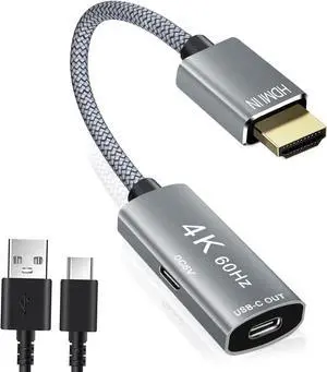 HDMI Male to USB-C Female Cable Adapter with USB-C Power Cable Type C 3.1 (Display) to HDMI (Source) Converter 4K 60Hz Thunderbolt 3 Adapter for New MacBook Pro Mac Surface Xreal Air Rokid