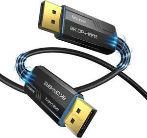 8K Long DP Fiber Optic Cable 16FT/5, Displayport 1.4 Cable, 32.4Gbps Ultra High Speed, 8K@60Hz, 4K@144Hz, Support HBR3, DSC 1.2, HDR10, Compatible with Graphics Card, Projector, Monitor