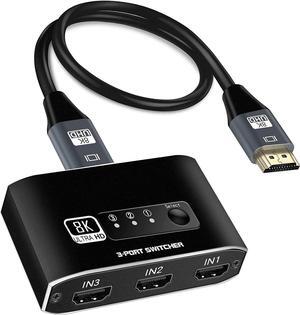 HDMI 2.1 SwitchAluminum Alloy 8K@60Hz HDMI Switch 3 in 1 Out, 3x1 HDMI Switcher Selector, Supports 4K@120Hz, Ultra HD, 4K HDMI Selector Switcher for Game Consoles, Fire Stick