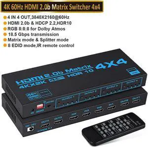HDMI Matrix Switch 4x4, 4K HDMI Matrix Switcher Splitter 4 in 4 Out Box with EDID Extractor and IR Remote Control Support 4K HDR, HDMI 2.0b, HDCP 2.2, 4K@60Hz, 3D, YUV 4:4:4