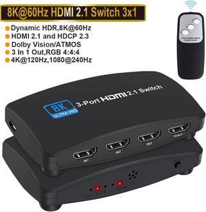 8K@60Hz HDMI 2.1 Switch, HDMI Switch 3 in 1 Out, 3-Port HDMI Switcher Selector, Supports 4K@120Hz, 1080P@240Hz, 1080P@120Hz for Fire Stick, HDTV, PS4/5, Game Consoles with Remote Control
