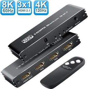 3 Ports 8K HDMI 2.1 Switch 3 in 1 Out 4K@120Hz 8K@60Hz HDMI Switcher Splitter with Remote, Support VRR ALLM Auto-Switching HDR 10 Dolby Vision/Avmos, for PS5/4, Xbox, PC, Apple-TV