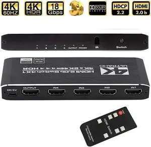4K HDMI Switch 4x1, 4 Port HDMI Selector Switcher 4 in 1 Out with IR Remote Control Support 4K@60Hz, 4Kx2K, HDR, HDMI 2.0b, HDCP 2.2, 3D, 1080P
