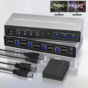 KVM Switch 4 Computers 2 Monitors Displayport and HDMI 4K@60Hz, USB 3.0 4 Port Dual Monitors KVM Switch with Audio Microphone Output and 3 USB 3.0 Ports, 4 in 2 Out Monitor Switch for 4 PCs