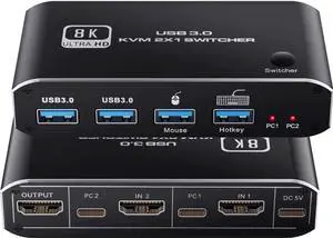 8K @60Hz HDMI2.1 KVM Switch 2 in 1 Out, 2 Port HDMI 2.1 USB KVM Switch for 2PC Shares 1 Set Mouse, Keyboard and Monitor, Support 8K @60Hz, 4K @120Hz, Hotkey, 4x USB 3.0 Port, HDMI2.1 in/Out Port