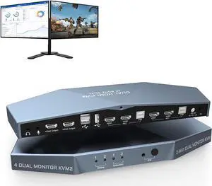 2 PCs Dual Monitor HDMI KVM Switch 4K @60Hz, Support HDCP 2.2, HDMI + HDMI 4x2 Dual Monitor KVM Switch for 2 PCs and 2 Monitors