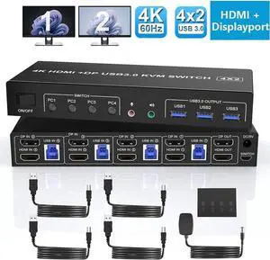4K@60Hz Displayport + HDMI Dual Monitor KVM Switch 4PCs, USB 3.0 KVM Switch 2 Monitors 4 Computers, with Audio Microphone Output and 3 USB 3.0 Ports, HDMI+DP Monitor Switch for 4 PCs 2 Monitors