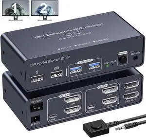 2 Port Dual Monitor DisplayPort KVM Switch 2 in 2 Out, 8K60Hz 4K120Hz Displayport KVM Switch for 2 Monitors 2 Computers Shared 4 USB Device Support DP1.4 With USB3.0 to USB C Cable - Aluminium