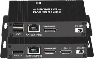 HDMI KVM USB Extender 1080P 60Hz, HDMI KVM USB Extender Over Cat5/6 Ethernet Cable Signal Extension to 196FT/60M Support USB Keyboard Mouse Plug & Play (Transmitter and Receiver)