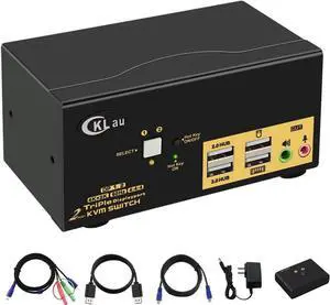 2 Port KVM Switch Triple Monitor DisplayPort 4K @60Hz, 2 Computers x 3 Monitors KVM Switch with Audio and USB 2.0 HUBS DP 1.2 KVM Switch