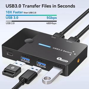 USB 3.0 Switch 2 Computers Sharing USB C & A Devices, 4 Port USB Switcher Sharing Keyboard and Mouse, Printer/Scanner USB Switch Hub for 2 Computers with 2 USB3.0 Cables and Desktop Controller