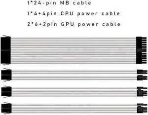 Mod Sleeved Cable, White Power Supply Cable Extension Kit, 24PIN ATX, 4+4 PIN EPS, Dual 6+2 PIN PCIE(11.81")