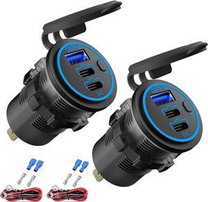 2 PACK 12V USB Outlet Wired USB Charger Multi Port Dual PD3.0 USB-C and Quick Charge 3.0 Car USB Port Socket with Power Switch Fast Charger for Cell Phone Tablet Suitable for Car Boat RV Marine ATV