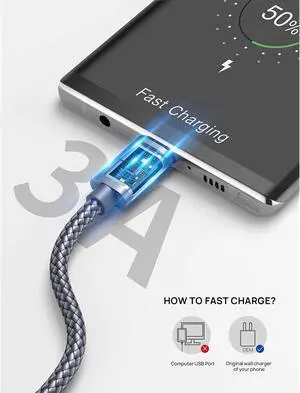 Usb Type C Cable 3A Fast Charging, [2-Pack 6.6Ft] Usb-C Charge Nylon Ed Cord For Samsung Galaxy S20 S10 S9 S8,Usb C Charger And More-Grey