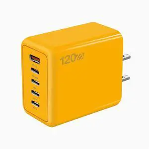 120W US standard charger 4type-c multi-interface five round hole USB charging head super fast charging flash charging for Apple 15max Huawei Xiaomi Samsung Yellow