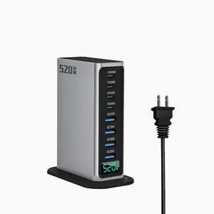 520W Gallium nitride charger Fast Charging head 8-port 4TYPEC 4USB Desktop charging station AI digital display Silver