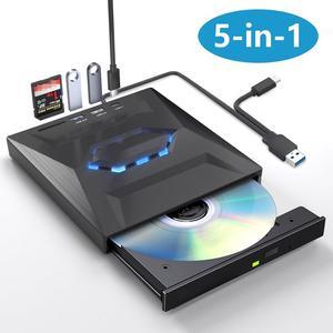 [5-in-1] External CD DVD Drive, USB C USB 3.0 Portable CD/DVD +/-RW Drive/DVD Player with SD Card Reader USB 3.0 USB C Hub CD ROM Burner Compatible with Laptop Desktop PC Windows Linux MacOS (Black)