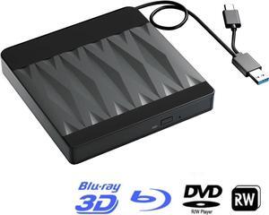 External Blu Ray Drive, USB 3.0 and Type-C External Blu Ray Burner Portable Blu Ray DVD/CD/BD Player, 3D Optical Bluray CD DVD Drive Compatible with Windows XP/7/8/10/11 MacOS Laptop Desktop