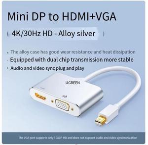 UGREEN MiniDP to(HDMI+VGA4K30Hz/1080P60Hz)- Silver suitable for Apple Computer converter projector port macbook pro/air HD surface connected to laptop TV lightning adapter cable
