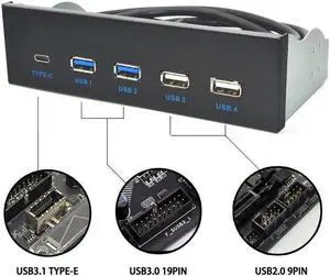 GOLDENDISK 5.25 Inch USB 3.1 GEN2 Front Panel USB Hub 2 Ports USB 3.0 + 2 Ports USB2.0 + 1 Port TYPE-C with TYPE-E Connector for Desktop PC