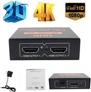 New Ultra HD 4K 2 Port HDMI Splitter 1x2 Repeater Amplifier 1080P 3D Hub 1 In 2 Out