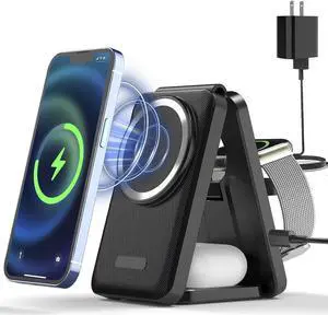 3 in 1 Charging Station Fits for Magsafe Charger,Wireless Charger for iPhone, Magnetic Travel Charger for Multiple Devices Work with Apple Watch/AirPods/iPhone 14/13/12