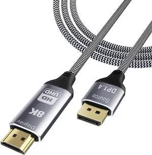 DisplayPort to HDMI Cable [8K@60Hz,4K@144Hz,2K@165Hz] 6FT DP 1.4 to HDMI 2.1 Uni-Directional Braided Cord Support HDCP 2.3/HDR/DSC 1.2