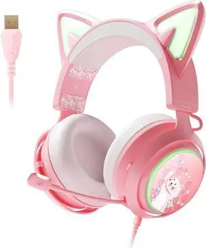 Cat Ear Headset, USB Gaming Headset with Retractable Mic, 7.1 Surround Sound, RGB Lighting, Wired Headset for PC, PS4, PS5 - Black Pink