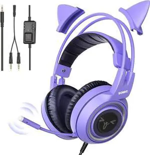 Cat Ear Headset, USB Gaming Headset with Retractable Mic, 7.1 Surround Sound, RGB Lighting, Wired Headset for PC, PS4, PS5 - Black Purple