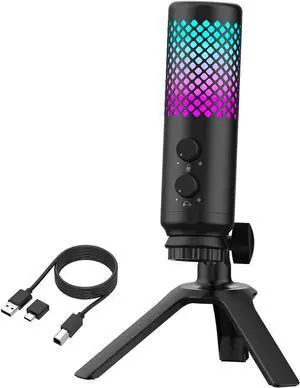 USB RGB Gaming Microphone for PS5, VeGue PC Condenser Mic with Adjustable Tripod Stand, Quick Mute, No-Latency Monitor