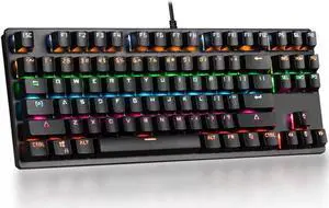 Mechanical Keyboard 87 Keys Small Compact Multicolour LED Backlit Wired USB Gaming Keyboard with Blue Switches, Metal Construction, Water Resistant for Windows PC Laptop game