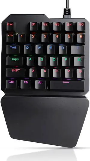 One Handed Mechanical Gaming Keyboard , Mechanical Portable RGB LED Backlit Game Keyboard with Keypad for LOL/PUBG/Wow/Dota/OW/Fps Game, Blue Switches, 35 Keys