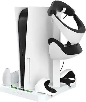 Fast Charging Stand for PSVR 2 & PS5 Console, [5 in 1] Stand with Cooling Fan, Dual Controller Magnetic Charging Port for PSVR 2 & PS5, Charging Indicator Light, Storage Stand Perfect for PSVR 2 & PS5