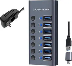 7-Port USB 3.0 Hub with Power Adapter - USB-A Hub with Individual On/Off Switches - [Durable Aluminum] - High Speed USB 3.0 (5Gbps) - (5Gbps) Hub