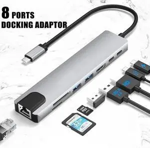 USB-C Hub 8 in 1 USB Hub Adapter Docking Station Dongle USB C Type-C Hub to Multi Port USB Speed 5Gbps TF/SD Card Reader ,USB2.0, 4K HDMI, USB-C, 100W PD, Ethernet, USB C Hub