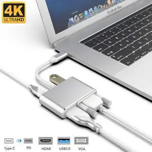 USB C Hub, USB 3.1 Type-C to HDMI VGA Adapter with 4K HDMI, 1080P VGA, USB 3.0, PD Pass-Through Charging, Dual Screens Display for Mac Pro and Other Laptops with Thunderbolt 3 Port-Silver