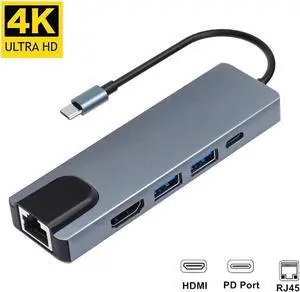 4K USB C Hub to Gigabit Ethernet Rj45 Lan 5 in 1 USB Type C Hub Adapter for Mac book Pro Thunderbolt 3 USB-C Charger PD