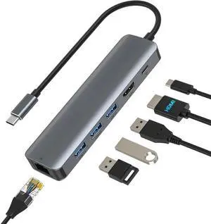 USB Hub, 6-in-1 USB to 1Gbps LAN Network HUB with 4K HDMI, 3*USB3.0,100W PD USB Aluminum Extension for Laptop, iMac, PC, USB Flash Drives etc