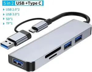 2-in-1 USB-A USB-C Hub for Laptop 5 in 1 USB C Dongle 3*USB-A Port, TF/SD Card Reader for MacBook Pro/Air, iPad Pro, XPS, Thinkpad