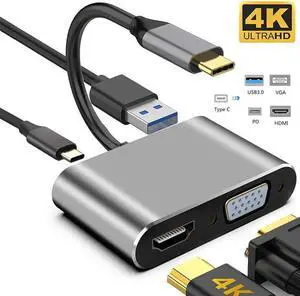 USB C to HDMI VGA Adapter, USB C Hub with 4K HDMI, 1080P VGA,USB 3.0,USB C PD Charging,2 Screens Same Display,Compatible with MacBook Pro/Air/ipad Pro 2018/Dell XPS/Nintendo Switch/Samsung -Gray